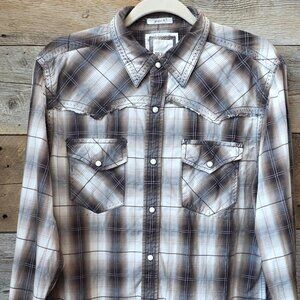 BKE Mens Western Pearl Snap Long Sleeve Button Down Shirt / Brown & White Size M